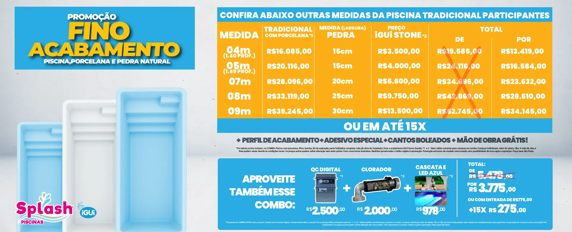 Promoção Splash Piscinas - Fino Acabamento - Tradicional 6m com Porcelana + Pedra Natural + Brindes