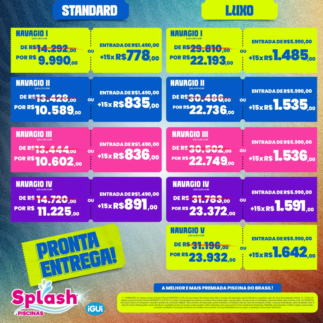 Promoção Splash Piscinas - Festival das compactas - De 15/09/2026 até 13/10/2026 - Navagio I, II, III, IV e V - Standard ou Luxo -  Acessórios + Brindes